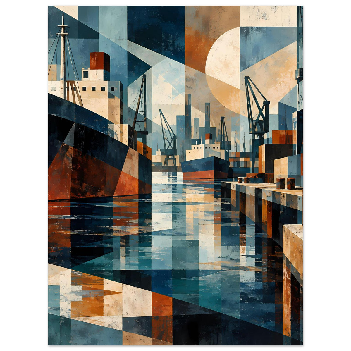 Kunstposter zeigt Hafen mit Kränen, Gebäuden und Wasserflächen in Blau und Rosttönen