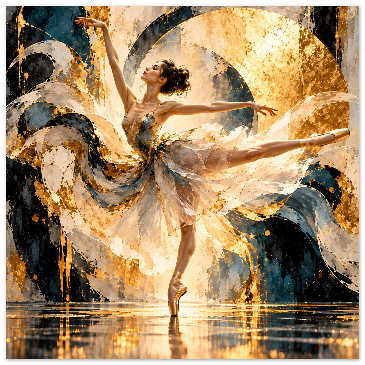 Ballett-Tanzposter mit Balletttänzerin, beiges Kleid und Tutu, goldene Spritzer und blaue Akzente