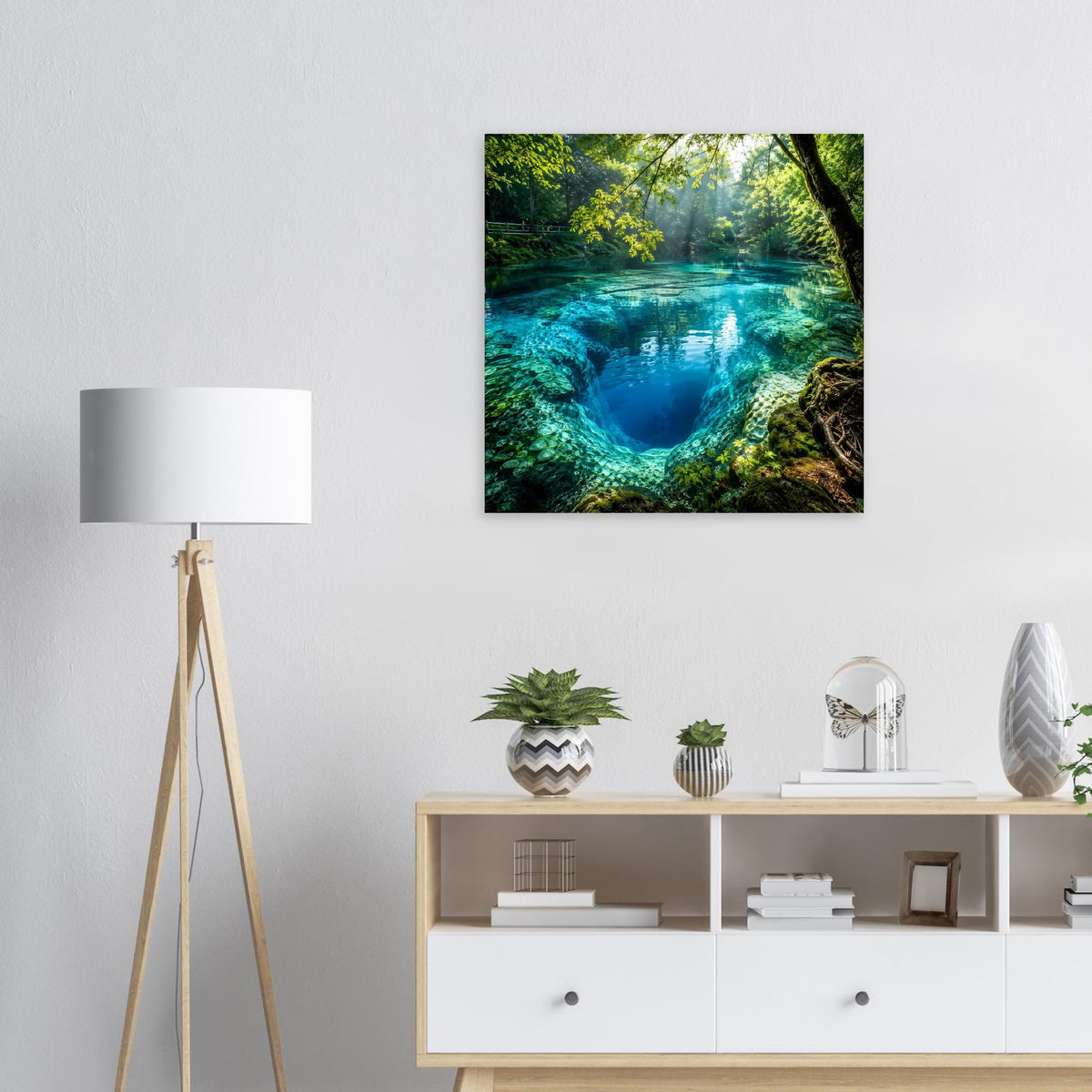 Quadratisches Poster mit türkisfarbenem Waldsee und bewachsenen Felsrändern im Lichtschein