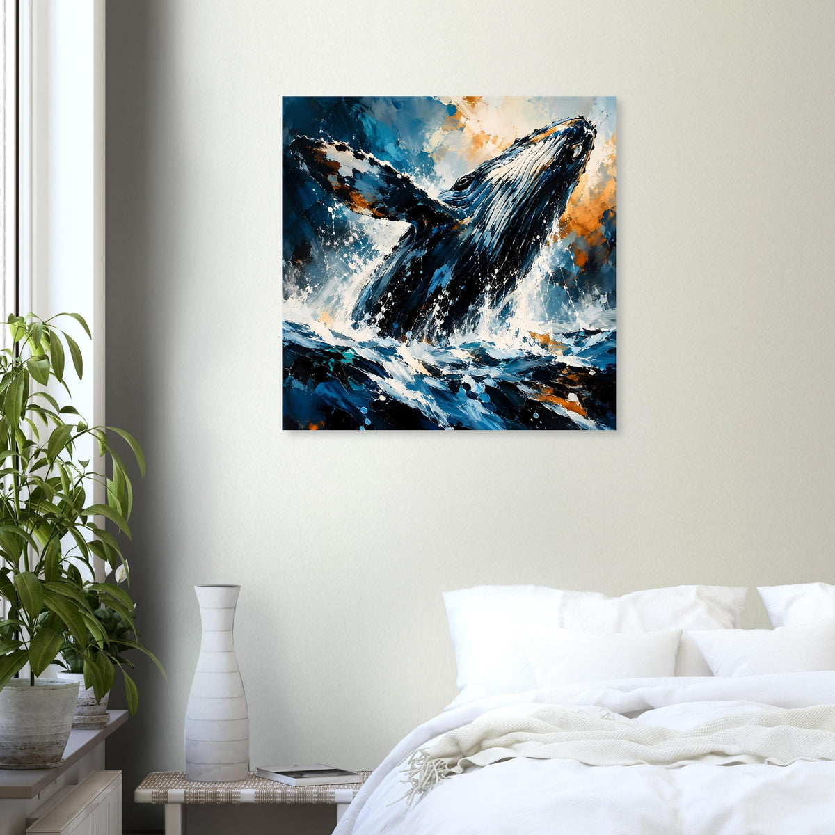Quadratisches Wal Poster mit abstrakter Farbexplosion in Blau, Schwarz und Orange