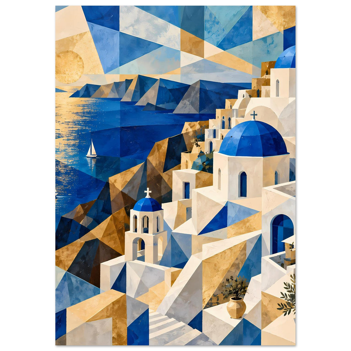 Geometrisches Poster, hochkant: blaue Kuppeln, weiße Häuser und blau-goldene Musterlandschaft