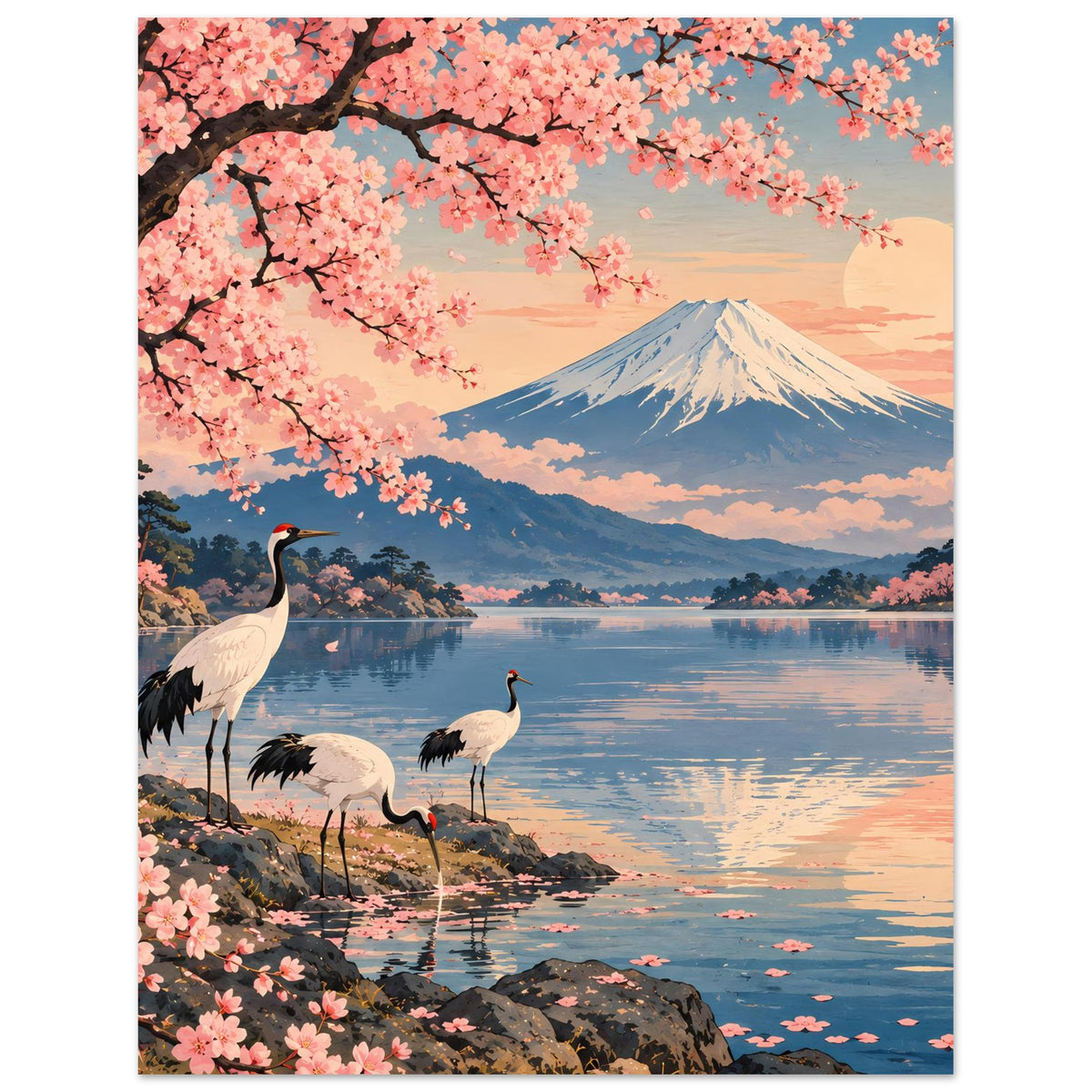Sakura-Poster mit anmutigen Kranichen und Berg Fuji über ruhigem Wasser