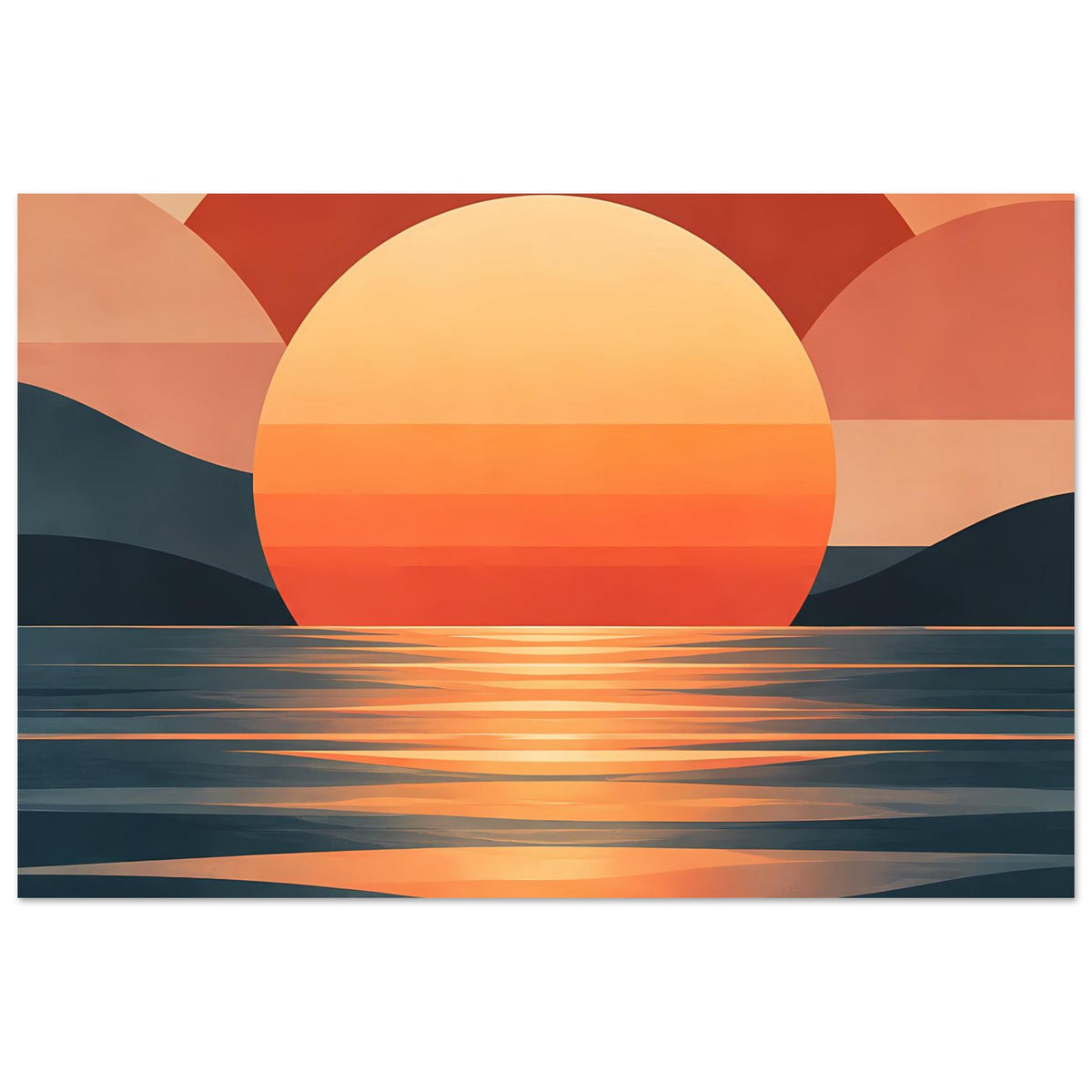 Gerahmtes Poster, Halbkreis-Sonne über Wasser, horizontale Lichtstreifen in Warmtönen