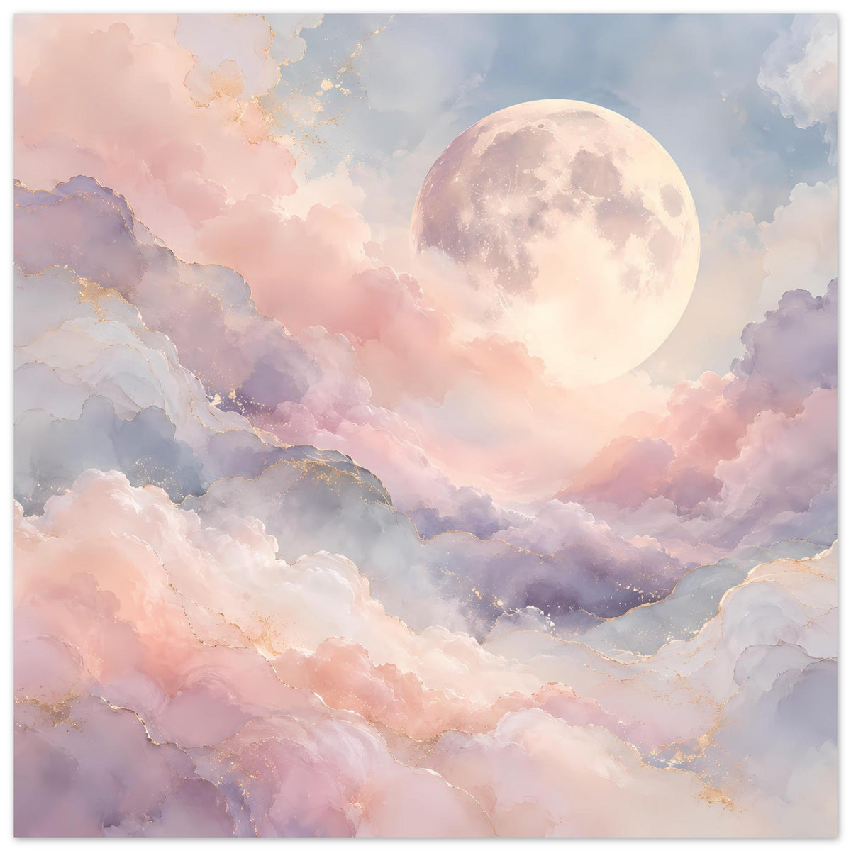 Rechteckiges Poster mit Mond über dichtem Wolkenmeer in Pastellrosa und Blau