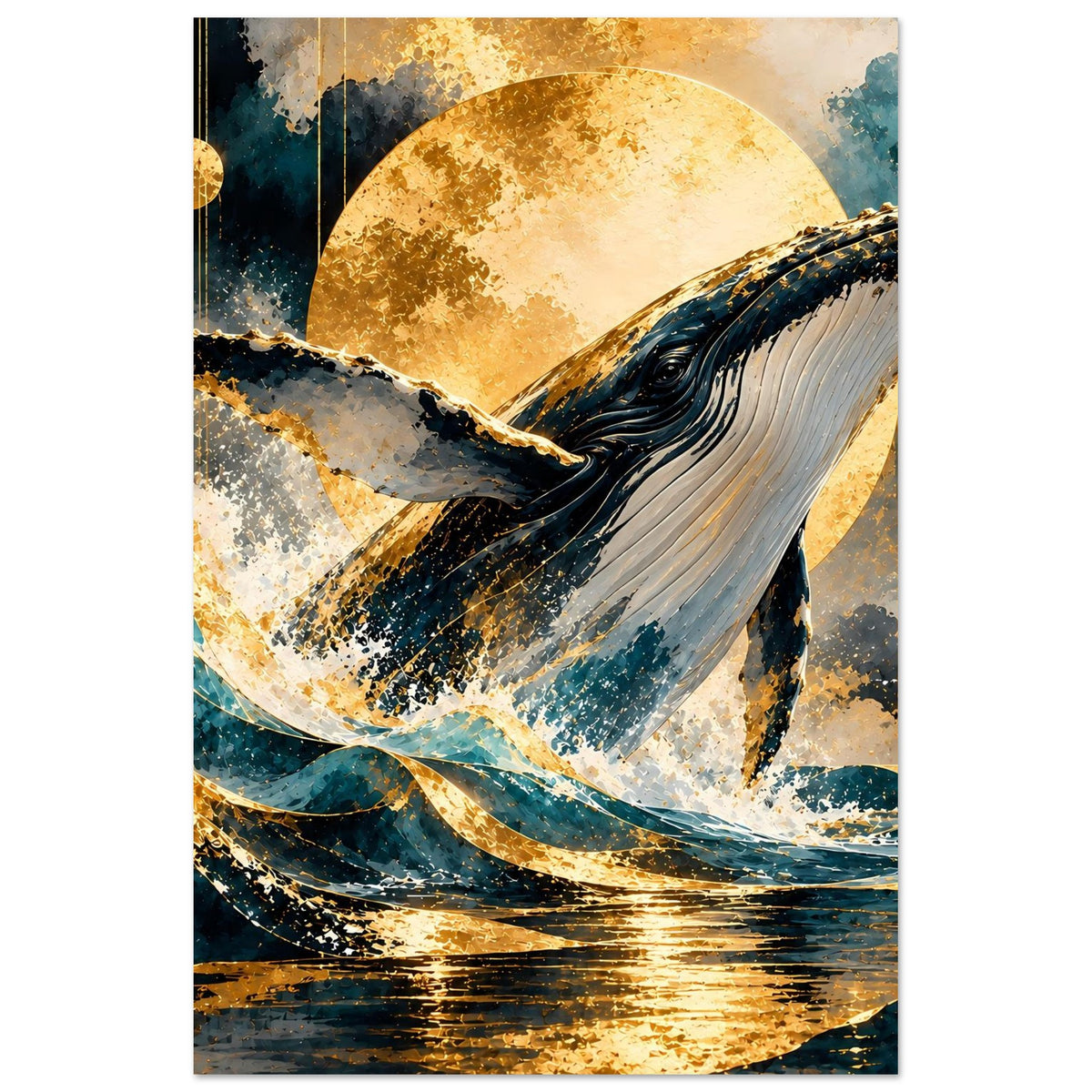 Poster mit Buckelwal im goldenen Mondlicht, Himmel und Mondscheibe prominent dargestellt