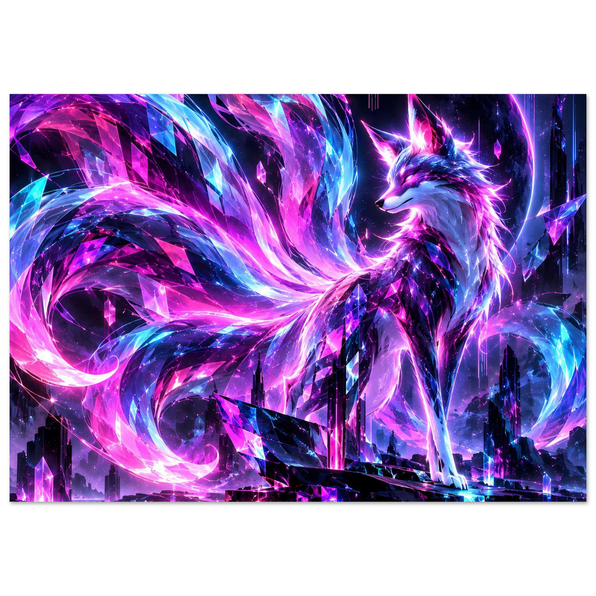 Neon-Fantasy-Poster mit leuchtendem Fuchs, pink-blauem Kristalllicht und futuristischer Skyline (Querformat)