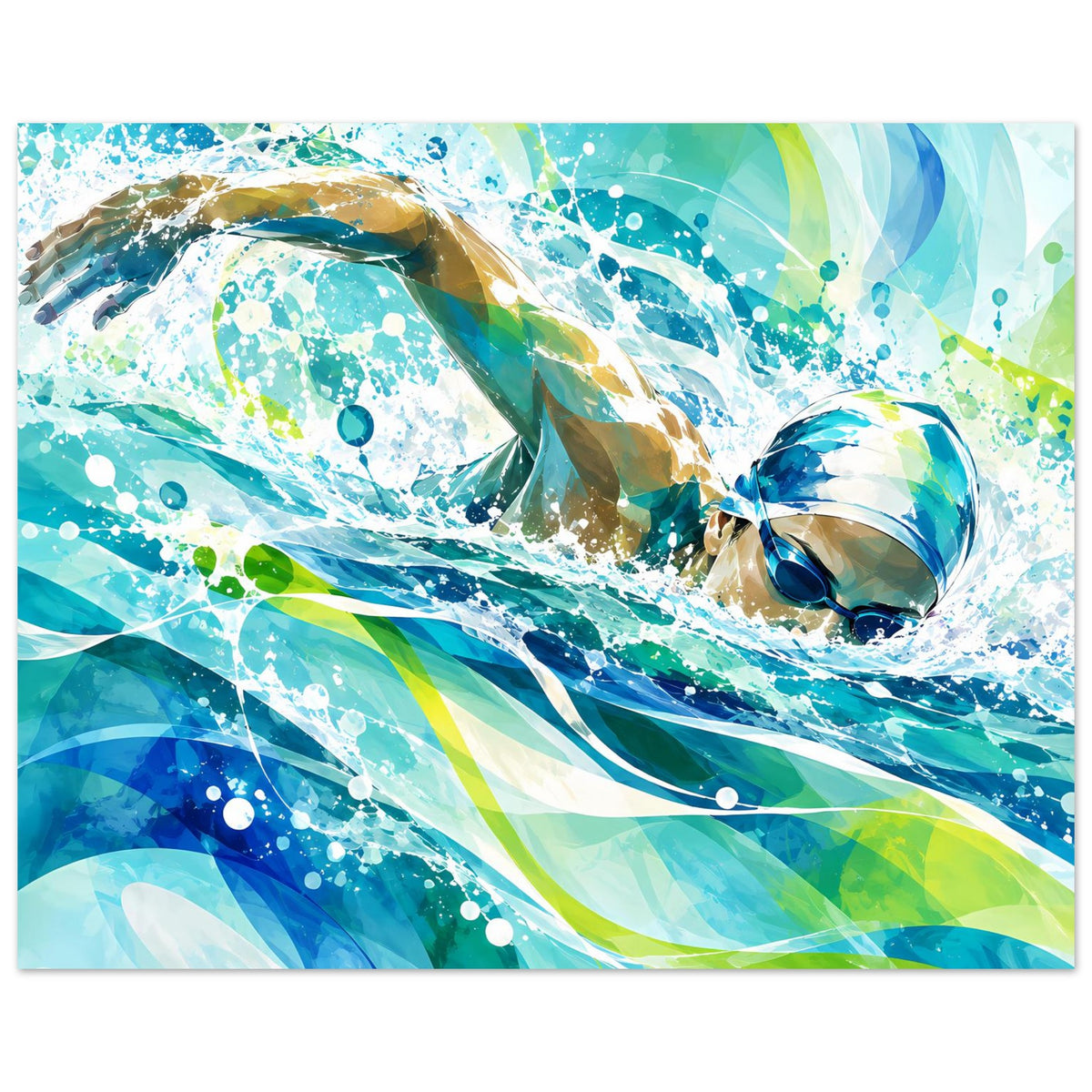 Querformat-Poster mit Schwimmer im Wasser, dynamische Spritzer und Farbverläufe in Blau/Grün