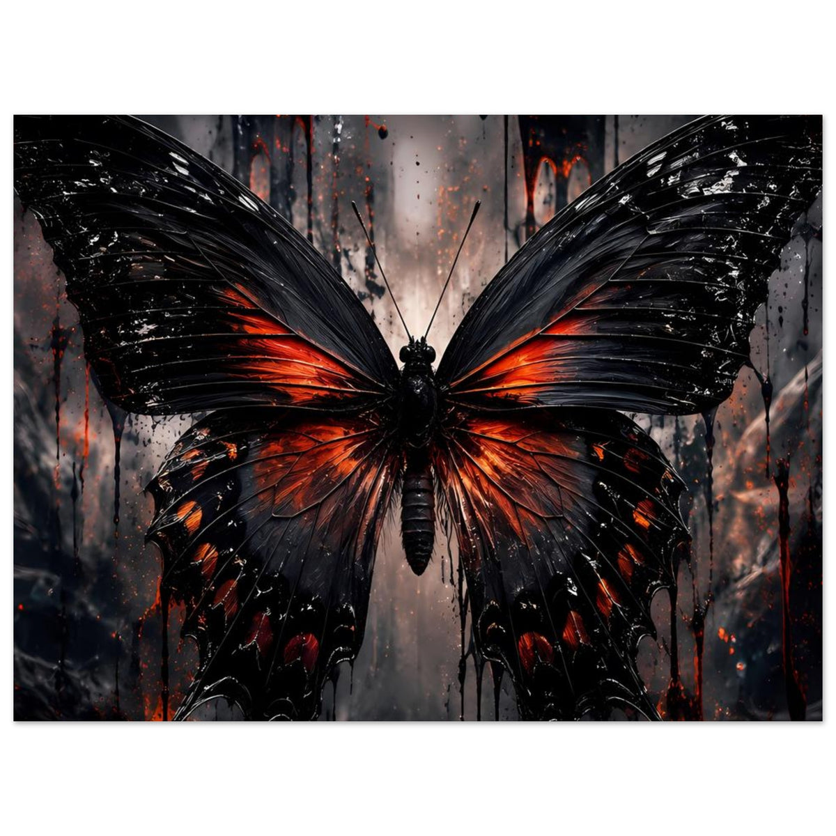 Schmetterlingsposter in mittlerer Ansicht: schwarzer Schmetterling mit orange-rotem Feuer-Muster