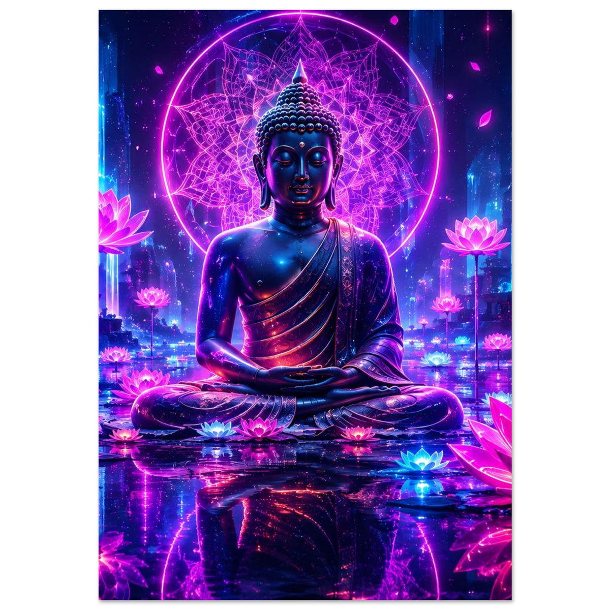 Buddha-Meditationsposter: sitzender blauer Buddha, leuchtende Lotusblüten und Neon-Zeichenkreis