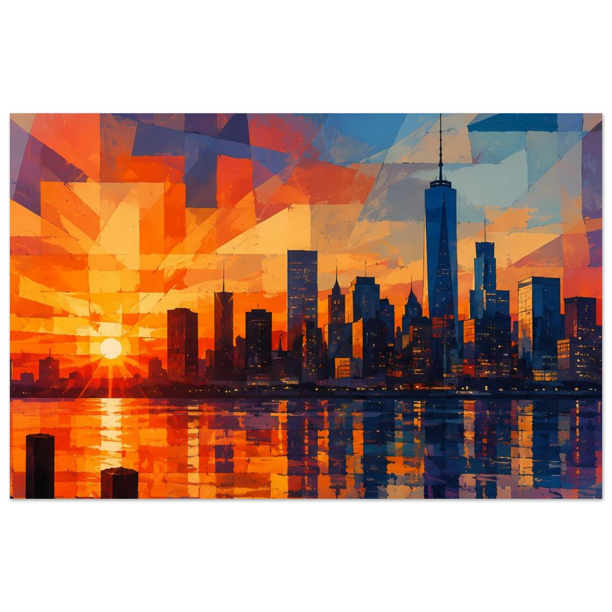 Horizontales Poster mit abstrakter Sunset-City, orange-blaue Farbflächen, Skyline mit Wasserreflexion