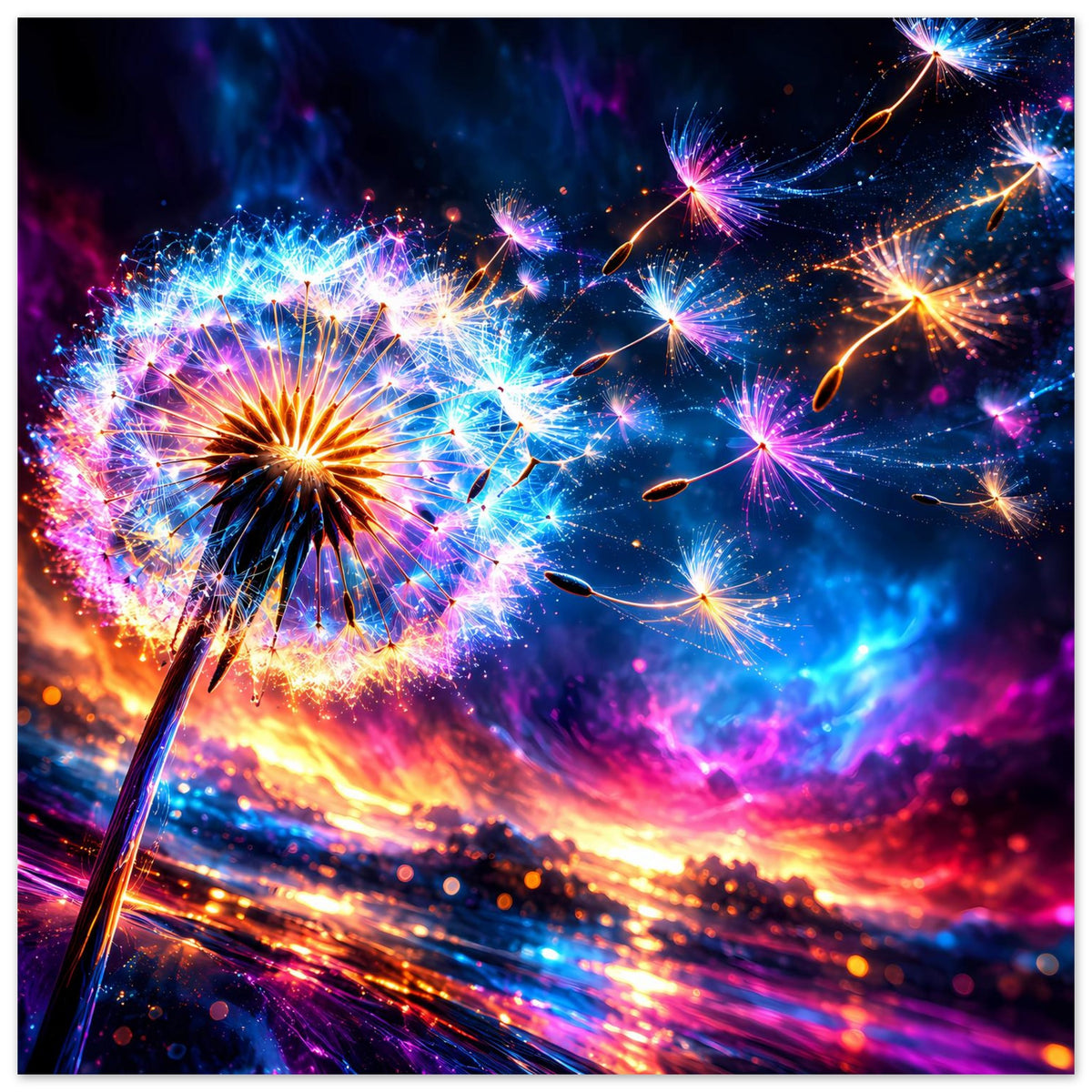 Leuchtendes Poster mit Feuerwerk, links orangefarbenes Leuchten, rechts blaue Lichtexplosionen