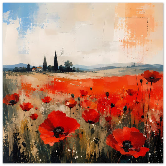 Poster mit abstraktem Landschaftsmotiv und leuchtend roten Mohnblumen im Blumenfeld