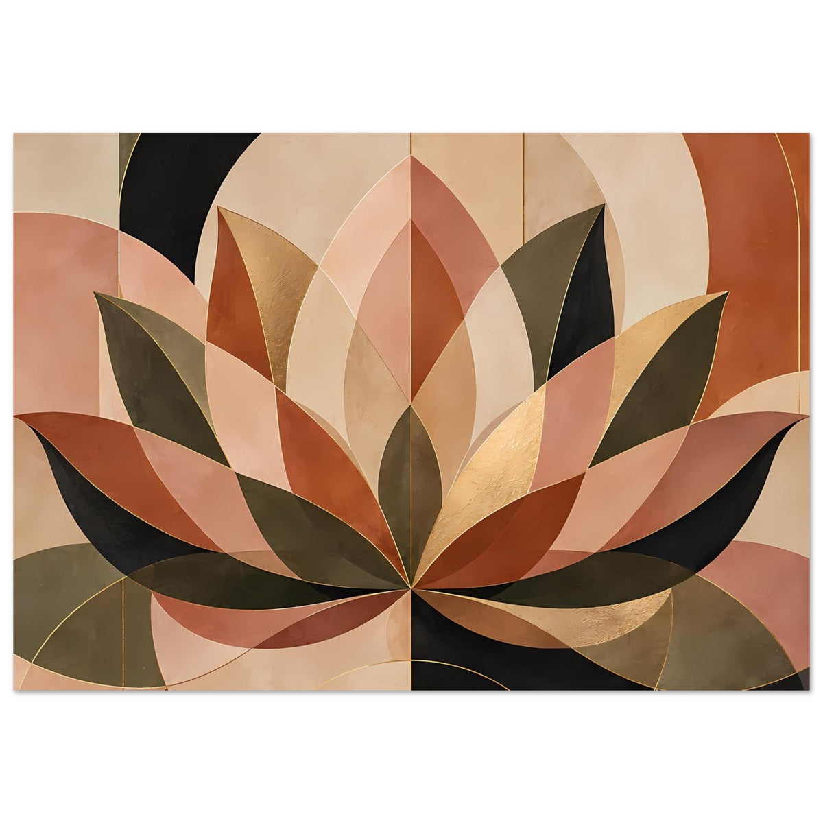 Poster mit geometrischer Lotusblüte in warmen Erdtönen, goldene Linien und Akzente