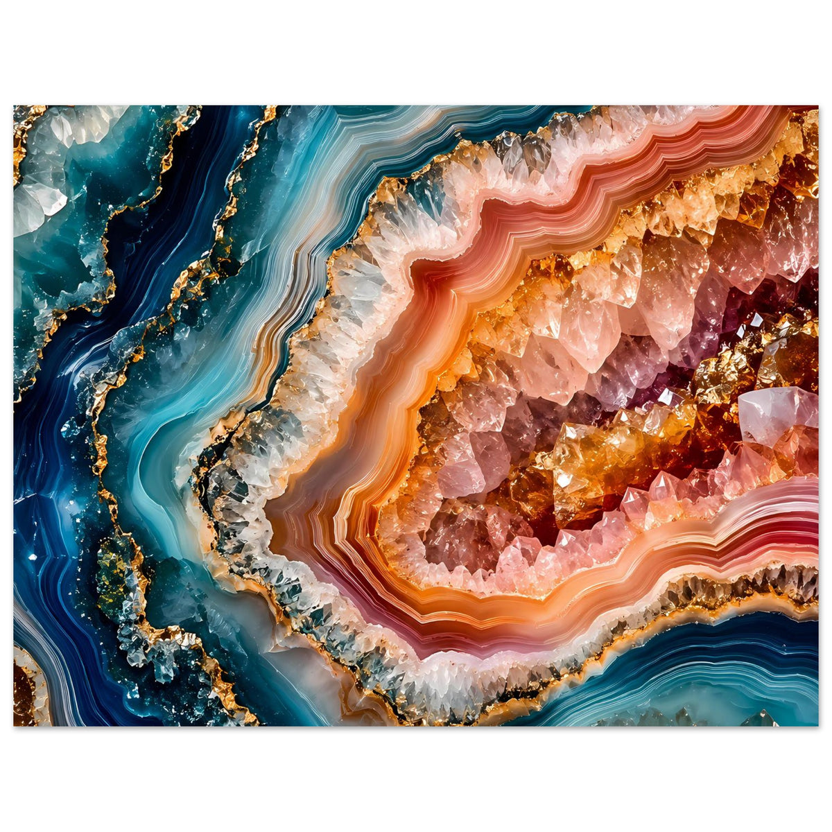 Poster mit Geoden-Kristallkunst: blaue Farbadern links, rosa-orange Kristallwände, goldene Einschlüsse