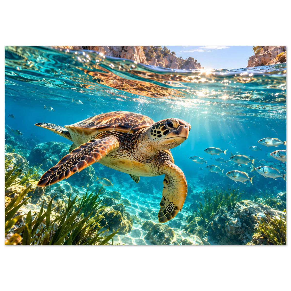 Poster: Meeresschildkröte im türkisblauen Ozean, Querformat