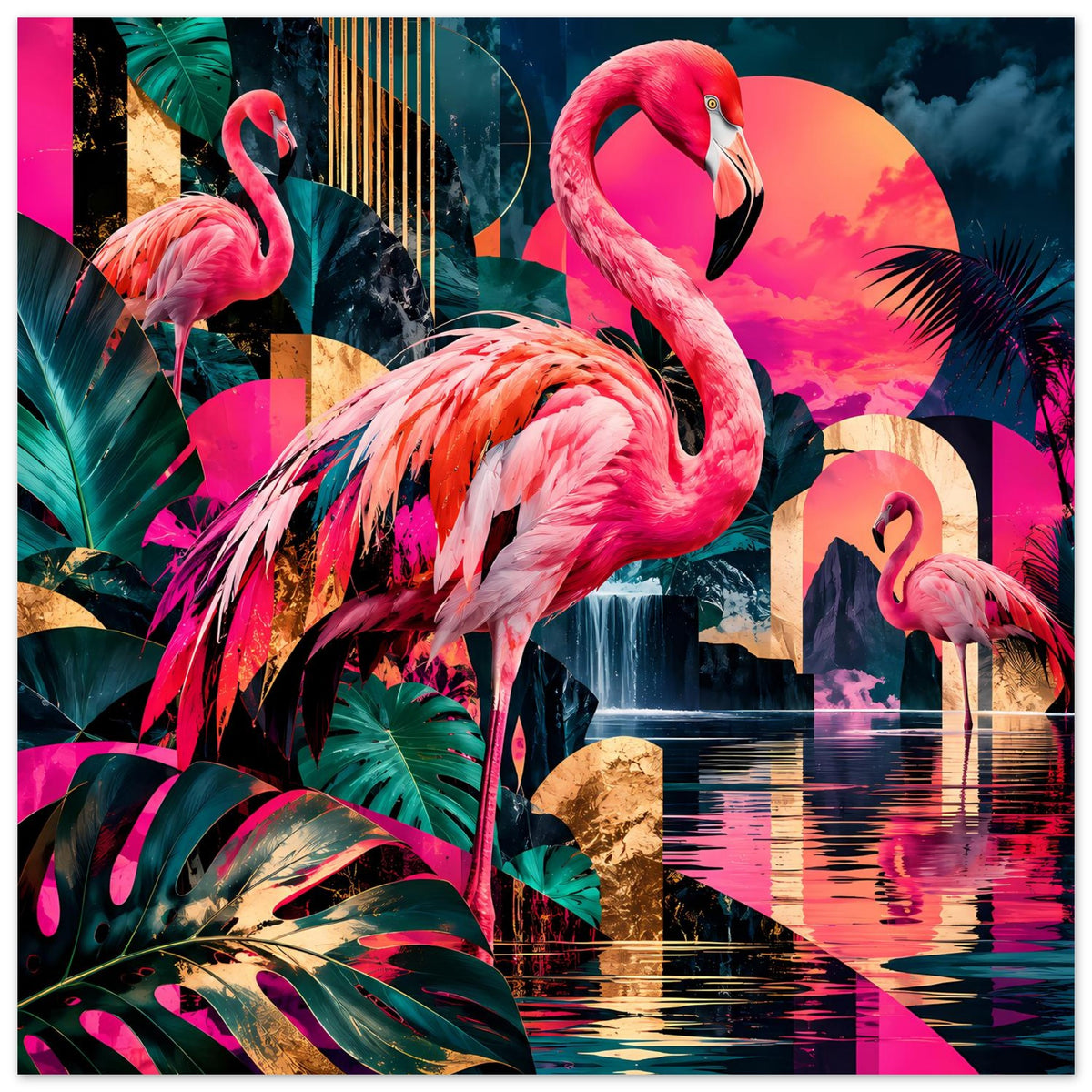Querformat-Poster mit Flamingos, Palmenblättern und reflektierender Wasserfläche in Neonfarben