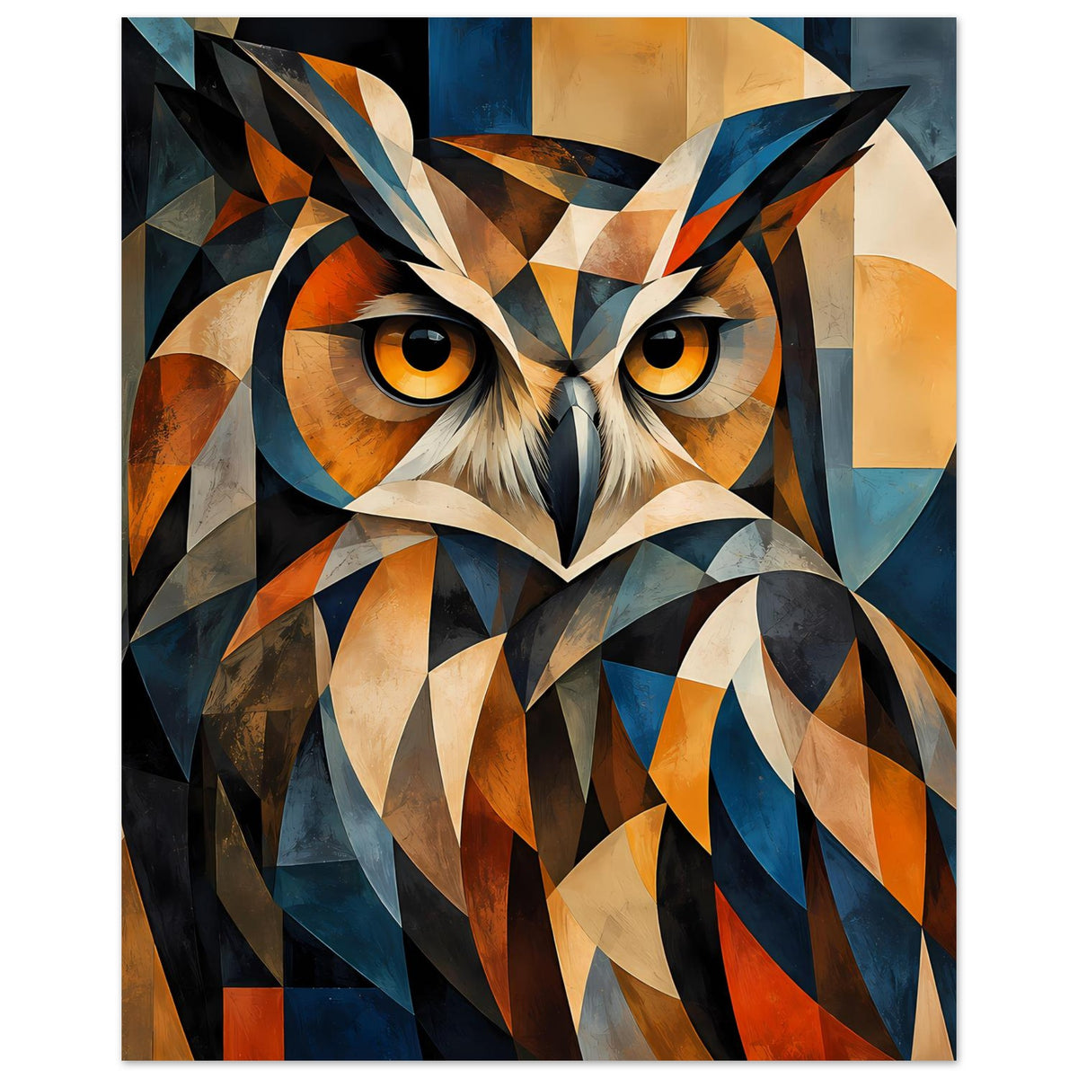 Abstraktes Eulen-Tierposter im Hochformat: geometrische Eule mit leuchtend orangenen Augen