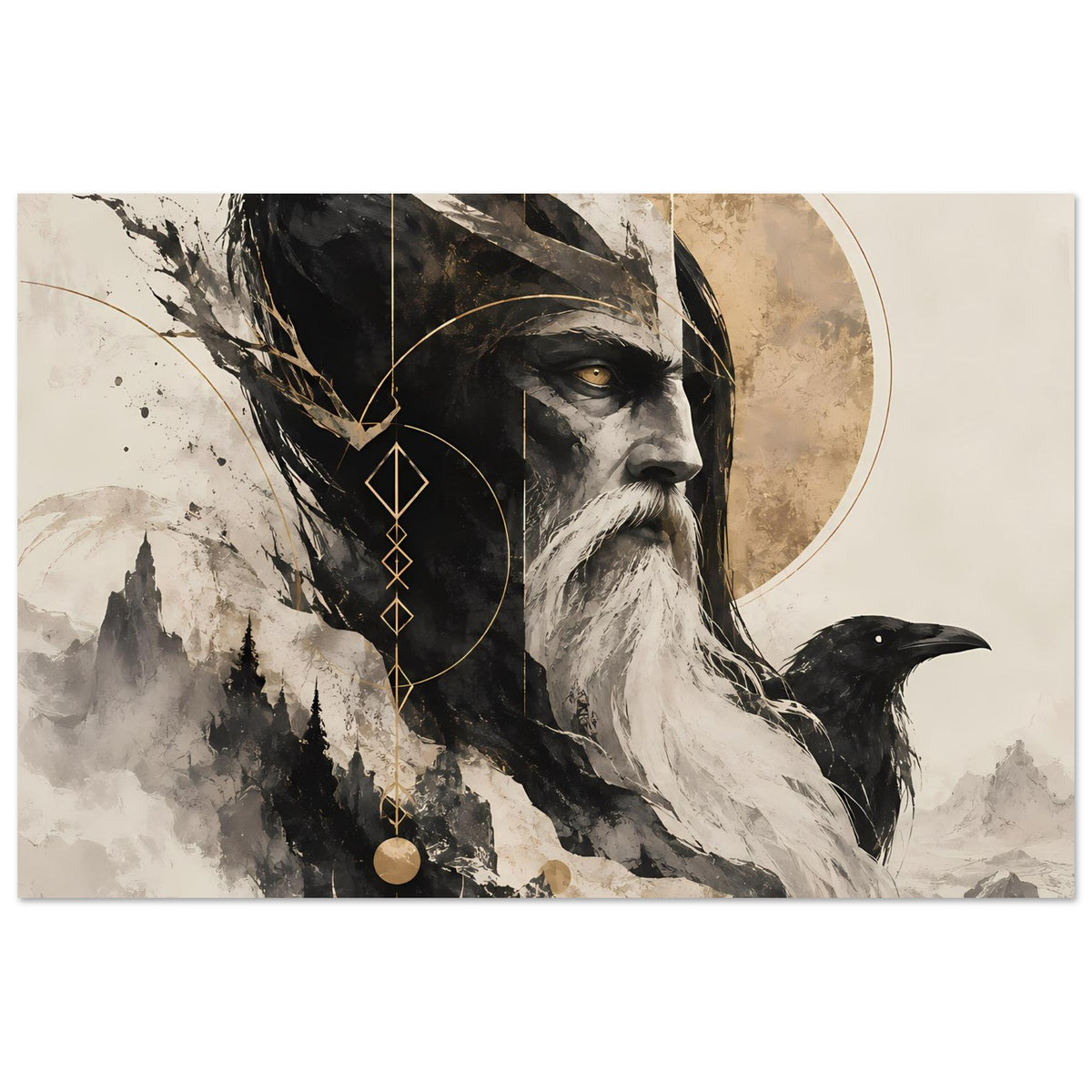Kunstposter im Querformat: Nordmann mit Rabe, goldener Kreis und dekorative Kette