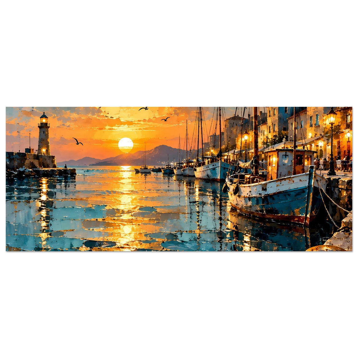 Panorama-Querformat-Poster: Sonnenuntergang im Hafen mit Leuchtturm, Segelbooten und Spiegelbild
