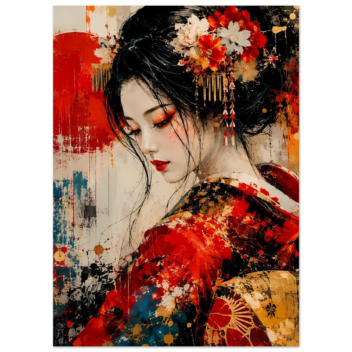 Poster mit Geisha im roten Kimono, schwarzer Haarkamm mit roten und weißen Blumen.
