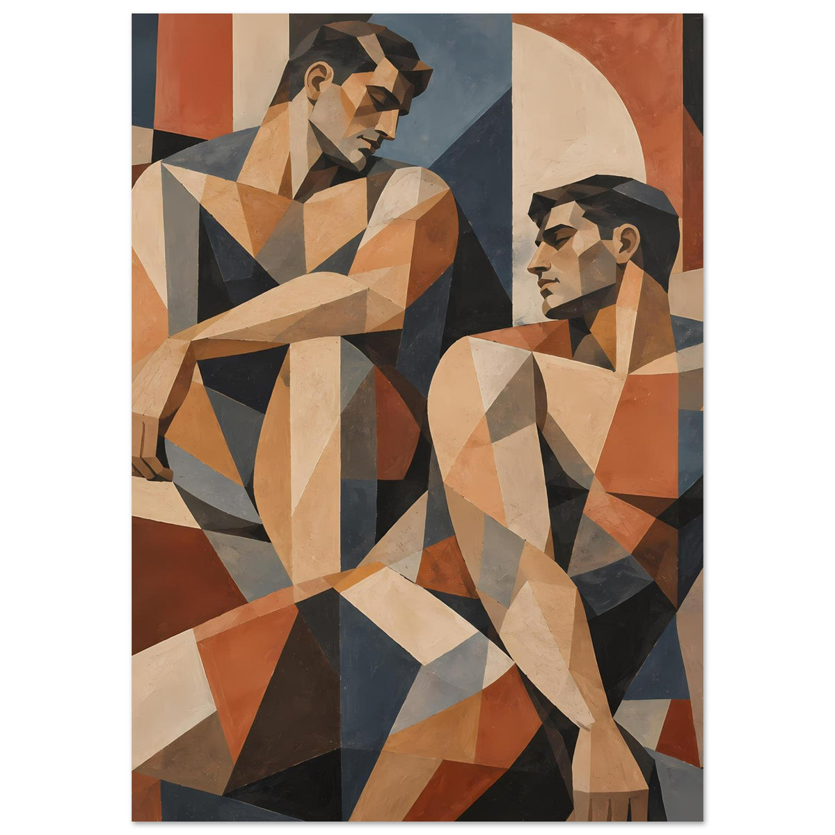 Geometrisches Kunstposter im Hochformat mit zwei stilisierten Figuren, warme Erdtöne