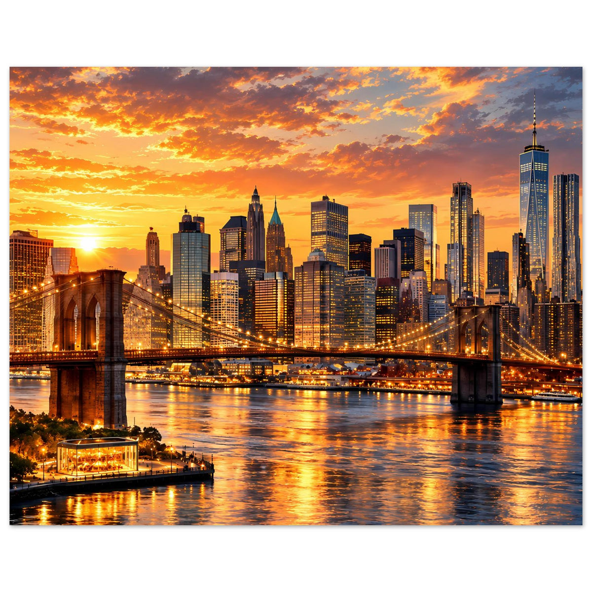 Poster im Querformat: New-York-City-Skyline im Sonnenuntergang, Sonnenaufgangslinien