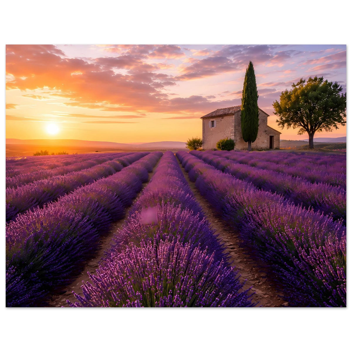 Horizontales Lavendel-Landschaftsposter mit Reihen lila Lavendel und kleinem Landhaus