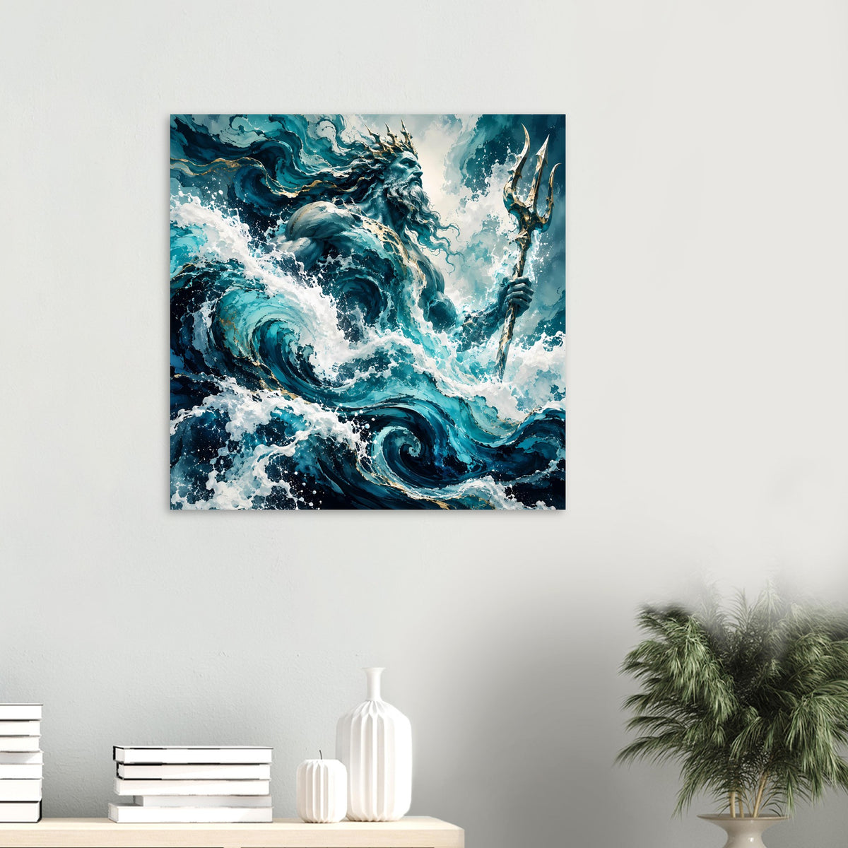 Kleines Poster mit Poseidon/Ozean-Gott, dramatische Meereswellen in Blau und goldene Dreizackspitzen
