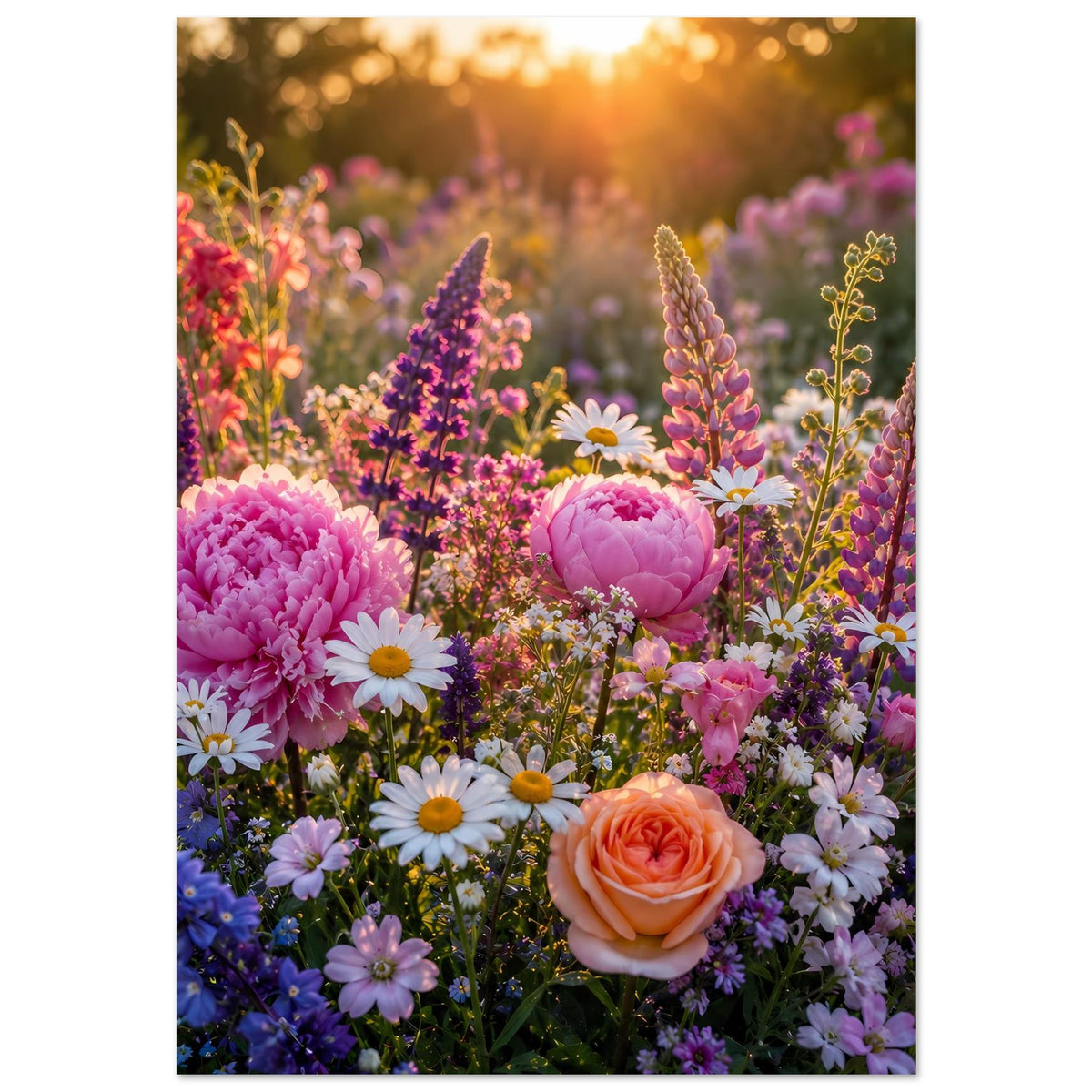 Blumenmeer-Poster mit rosa Pfingstrose, orange Rose und weißen Gänseblümchen