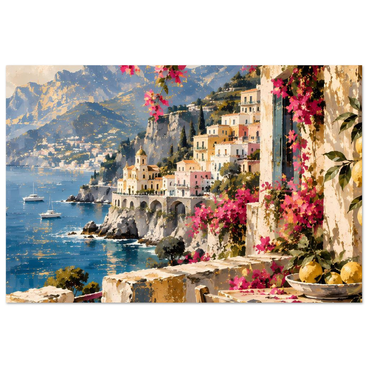 Mediterranes Küstenposter im Querformat: Meer, Yachten, helles Dorf und rosafarbene Blumen