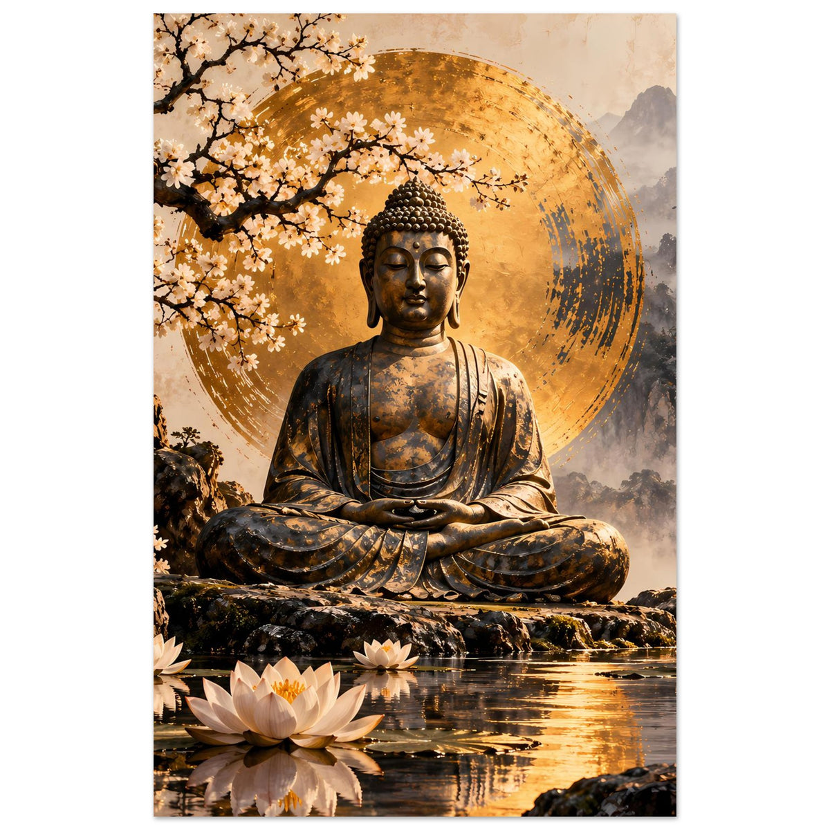 Vertikales Poster mit sitzendem Buddha und goldener Aura, Kirschblüten und Lotus im Vordergrund