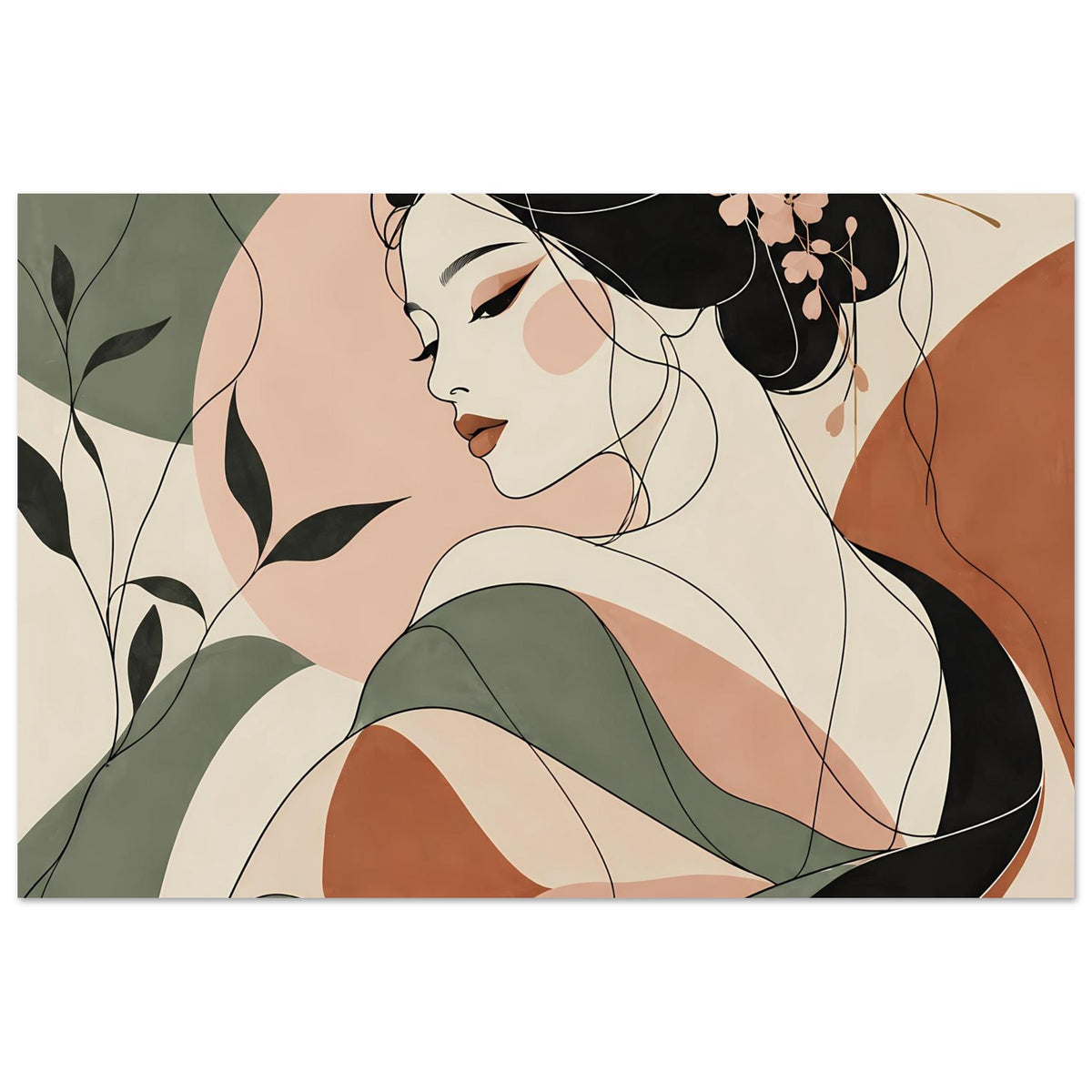 Zen-Poster mit Geisha-Motiv: Profilfigur, schwarze Haare mit rosa Blüten, grünes Gewand