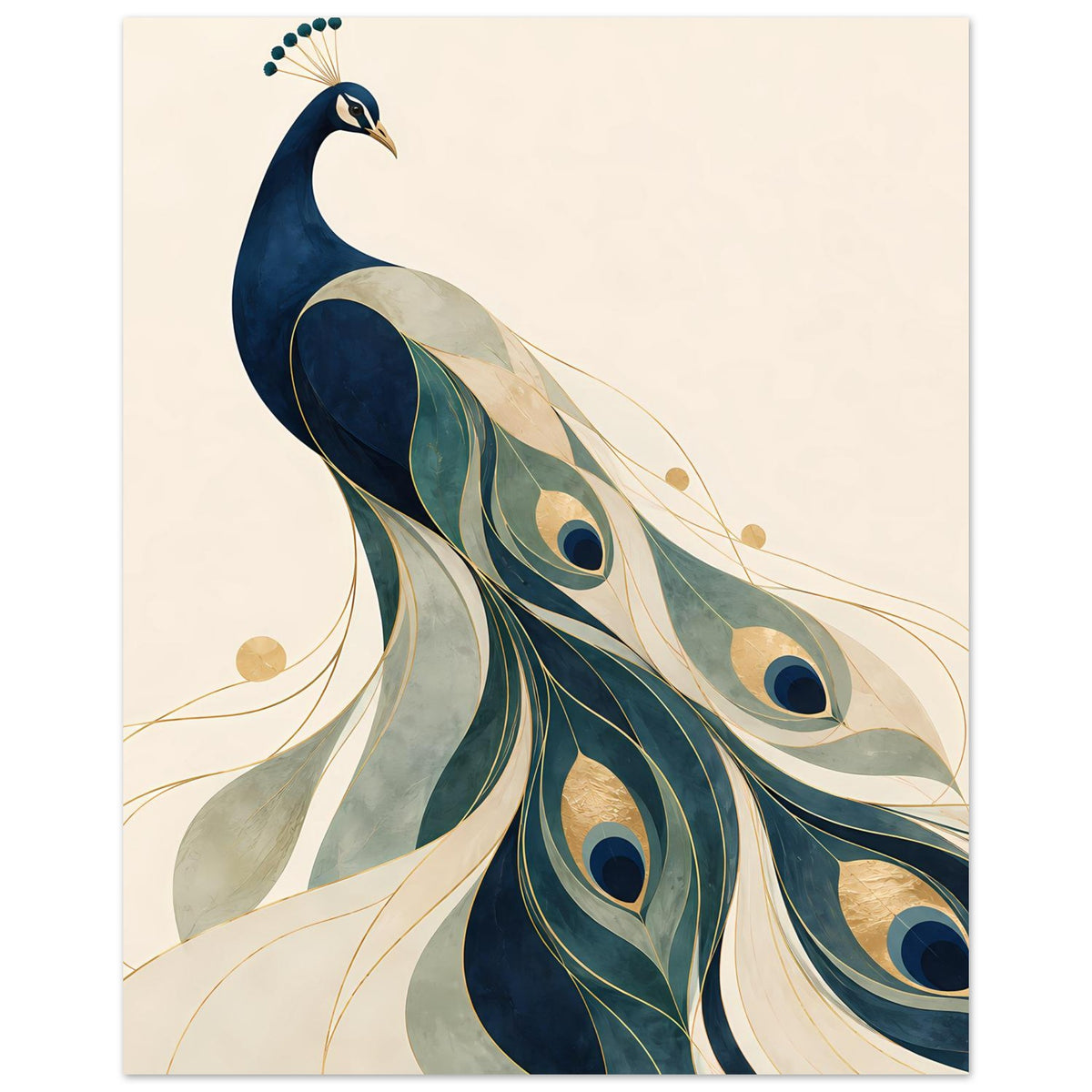Quadratisches Poster mit Pfauenmotiv in Blau, Grün und Gold