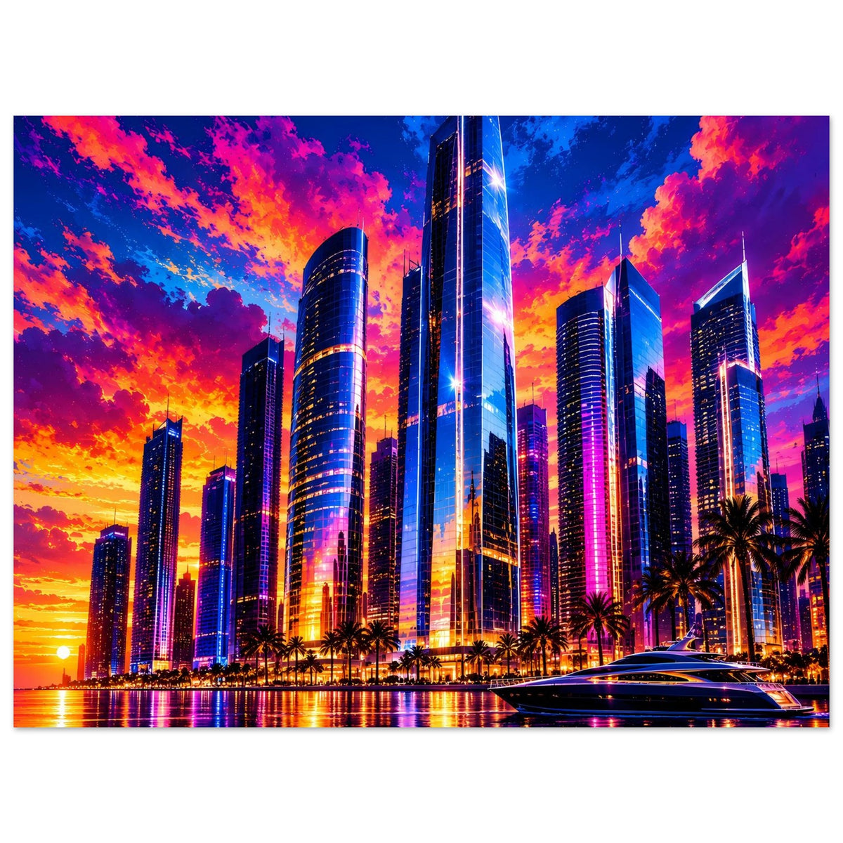Poster Skyline mit Sonnenuntergang, leuchtende Hochhäuser und Boot am rechten Rand