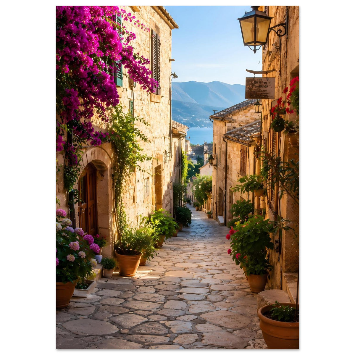 Poster mit mediterraner Gasse, Balkonfenstern, Bougainvillea und Pflasterweg