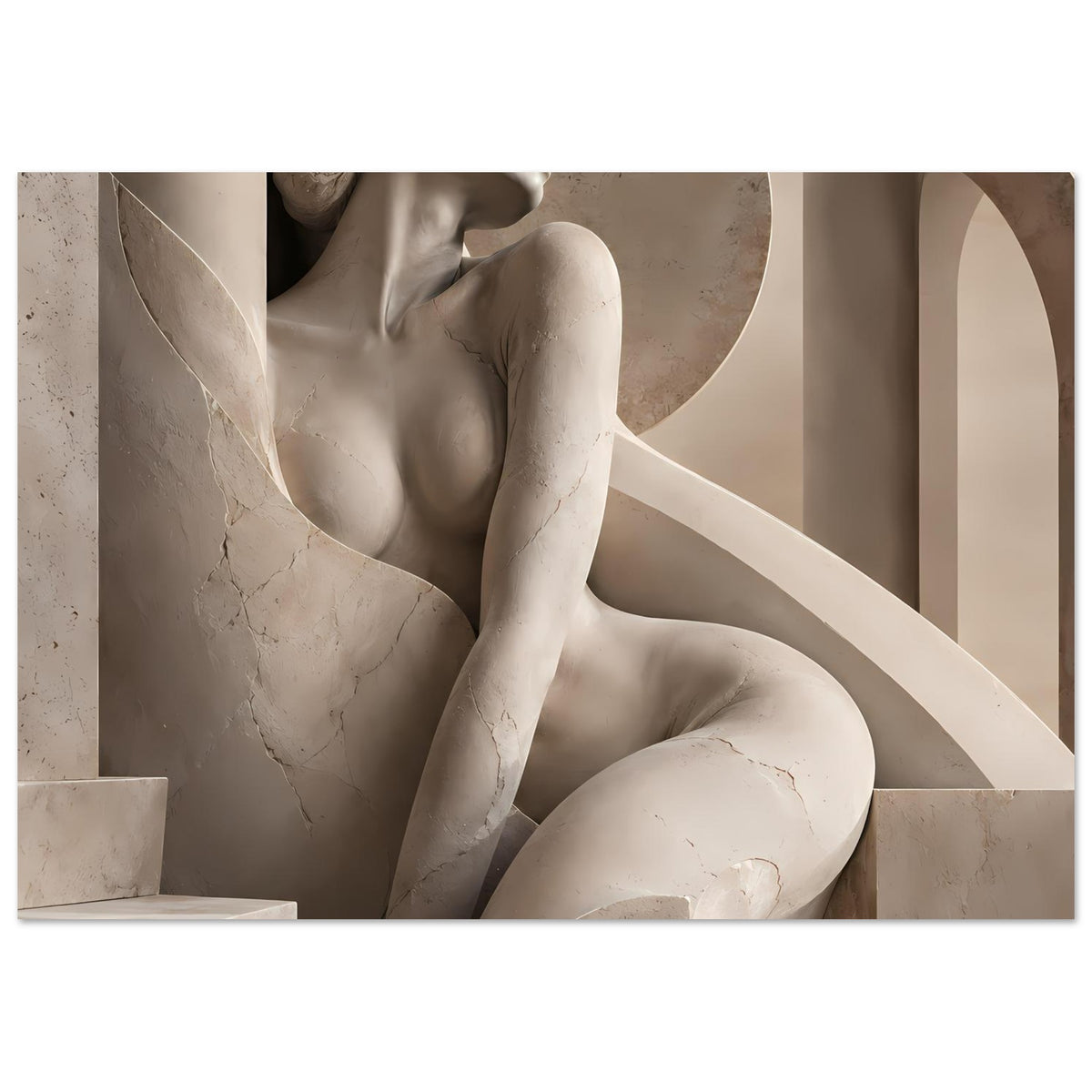 Skulpturen-Porträtposter, horizontal: Frauenstatue mit rundem Bogen im Hintergrund, warm.