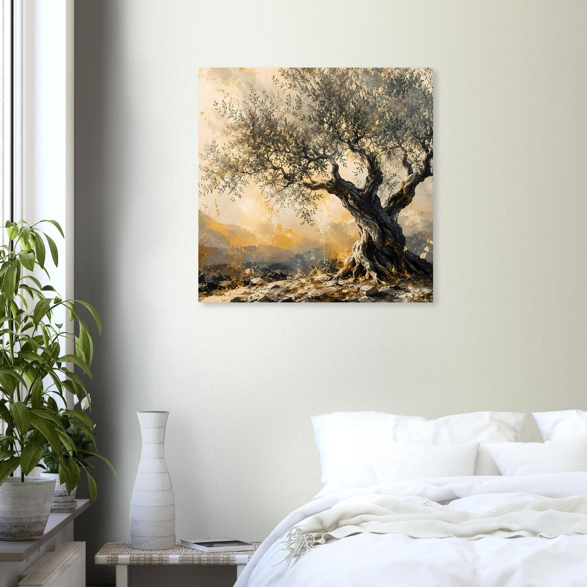 Poster mit Olivenbaum und sonniger mediterraner Landschaft, quadratisch