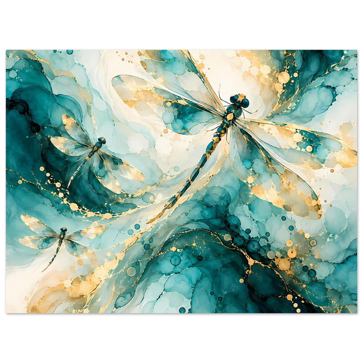 Kunstposter mit abstrakten Libellen in Türkis und Gold, Aquarellstrukturen und goldene Sprenkel
