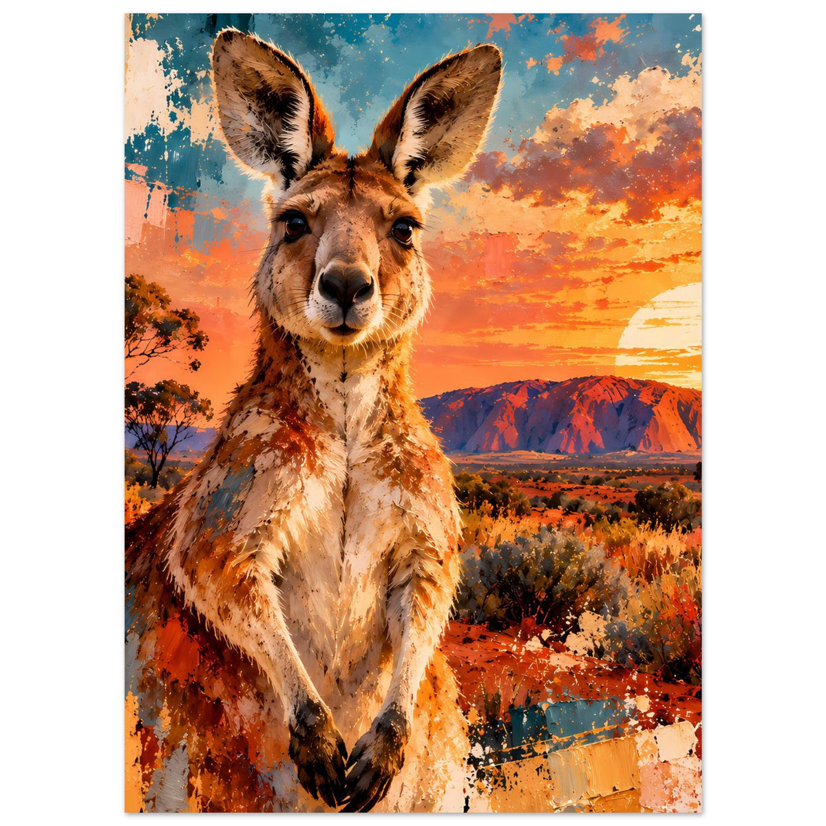 Poster mit Känguru bei Sonnenuntergang auf mattem Premium-Papier, zentriert