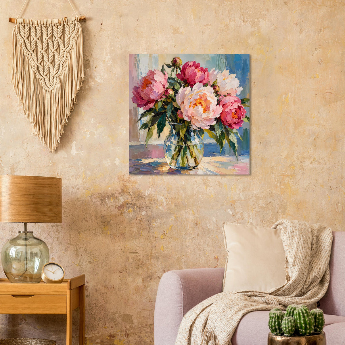 Blumenposter mit Ölmalerei-Look: Strauß aus rosa und pinken Blüten in Vase