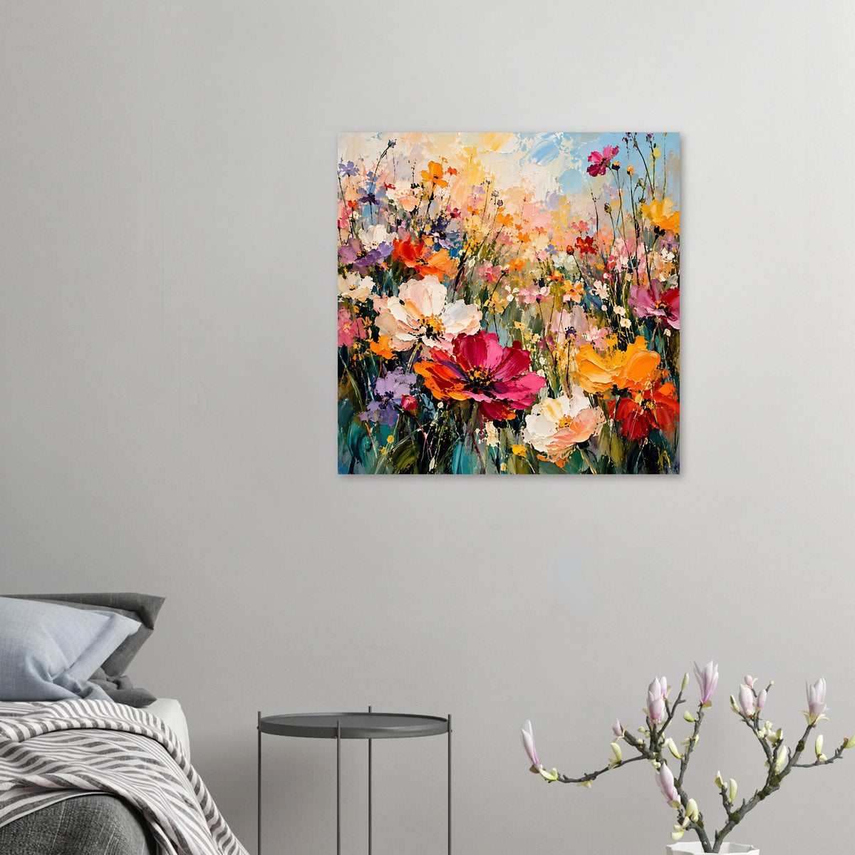 Kleines Blumenposter mit bunten Blüten in Pink, Orange, Rot und weißen Blütenkronen