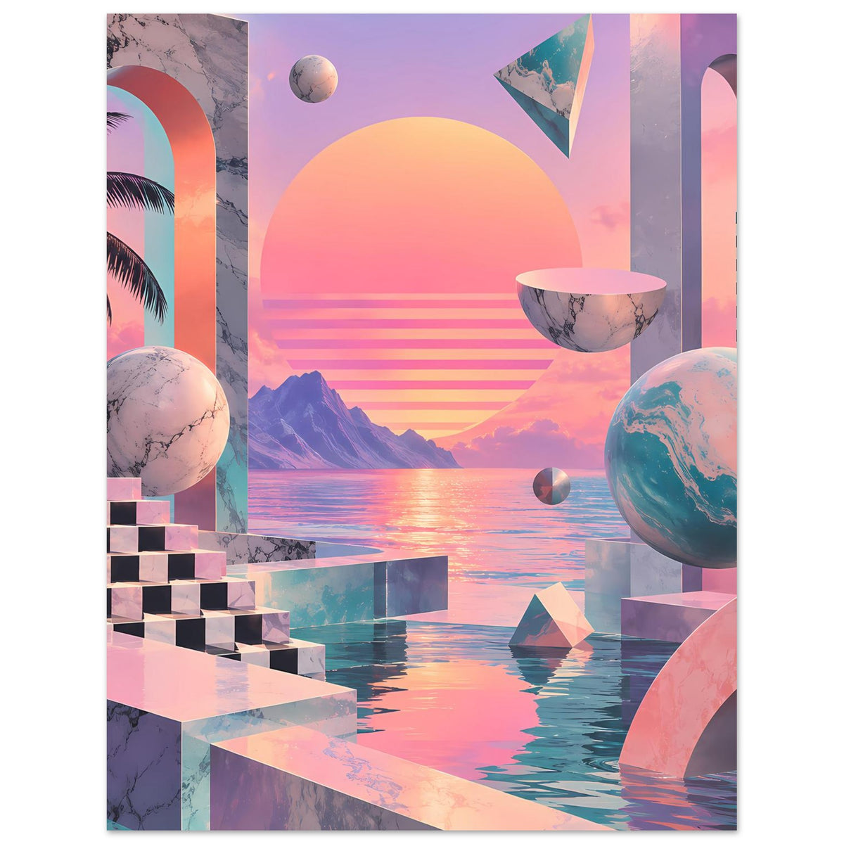 Surrealer Geometrie-Sunset Druck mit Sonnenkreis, schwebender Schale und Planeten