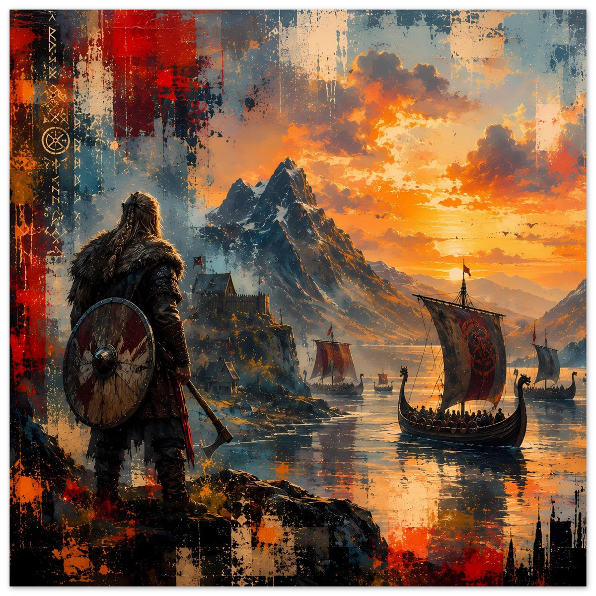 Wikinger-Poster mit Krieger, Schild und Segelschiffen vor Bergkulisse im Abendrot