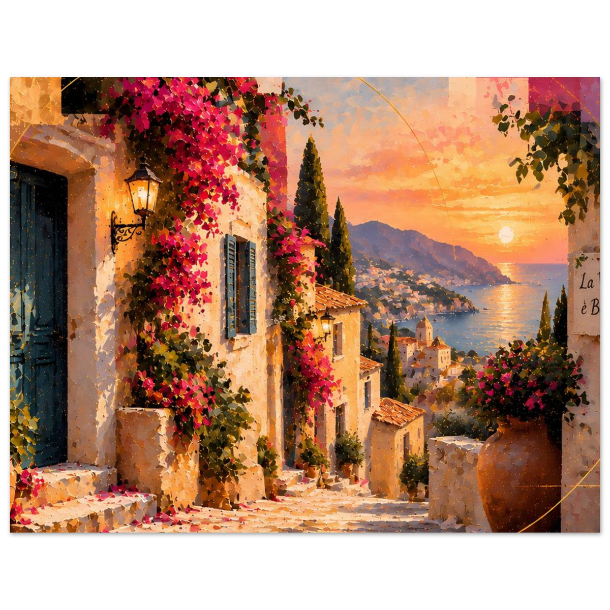 Poster im Querformat mit Häusern am Hang, pinken Blüten, Laterne, Meer und Abendhimmel