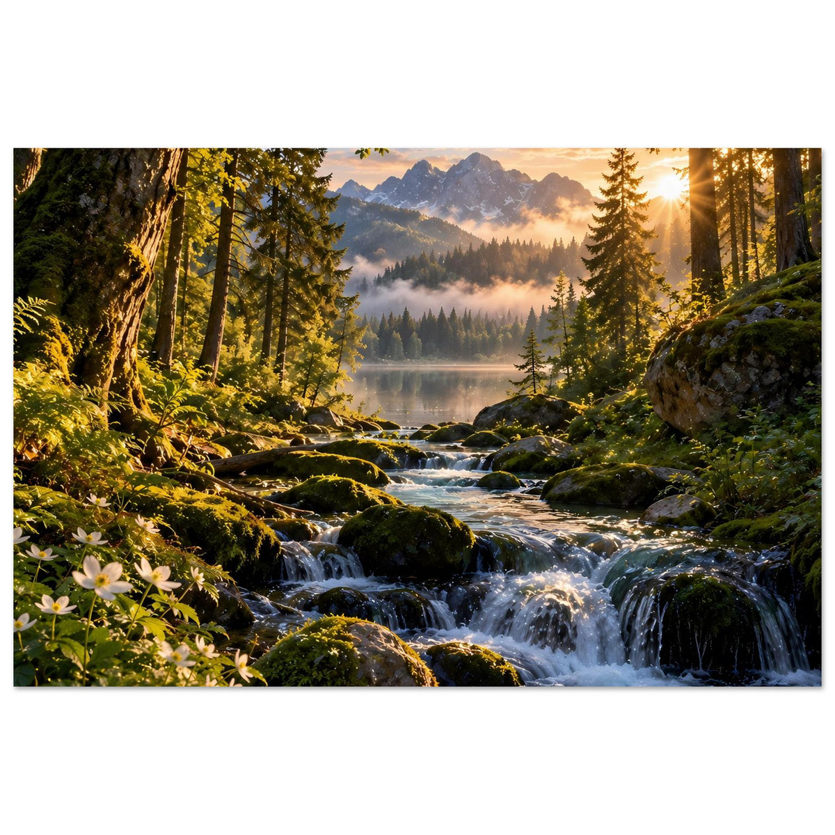 Wasserfall-Poster auf mattem Premiumpapier mit Tannen, Bergmassiv und fließendem Wasser