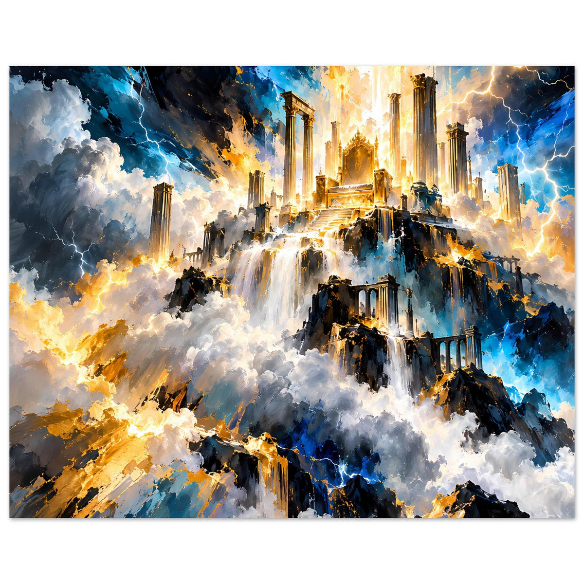 Gerahmtes Fantasy-Poster mit Tempel im Zentrum, Wasserfällen, Türmen, Wolken und goldenen Strahlen