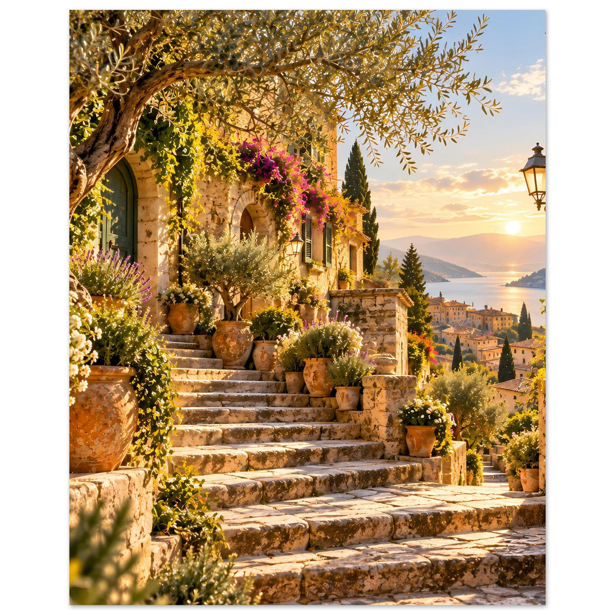 Poster: mediterrane Treppenstufen mit Tontöpfen, üppigem Grün und goldener Abendsonne