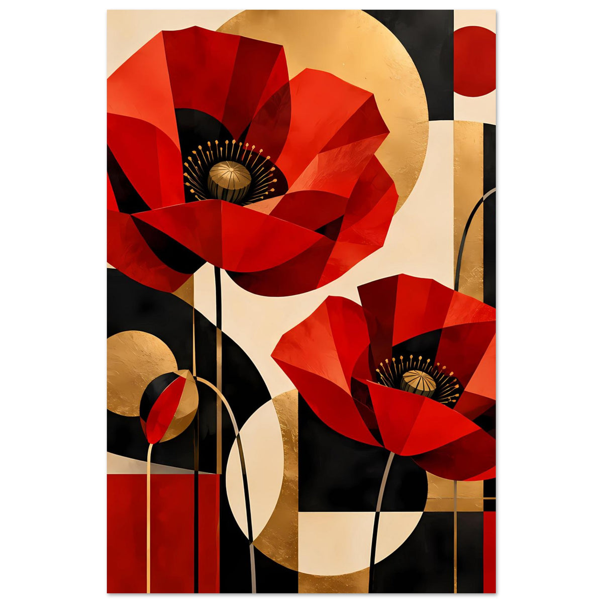 Abstraktes Poster mit roten Mohnblumen, goldfarbenen Einsätzen, schwarzen Stielen und Formen