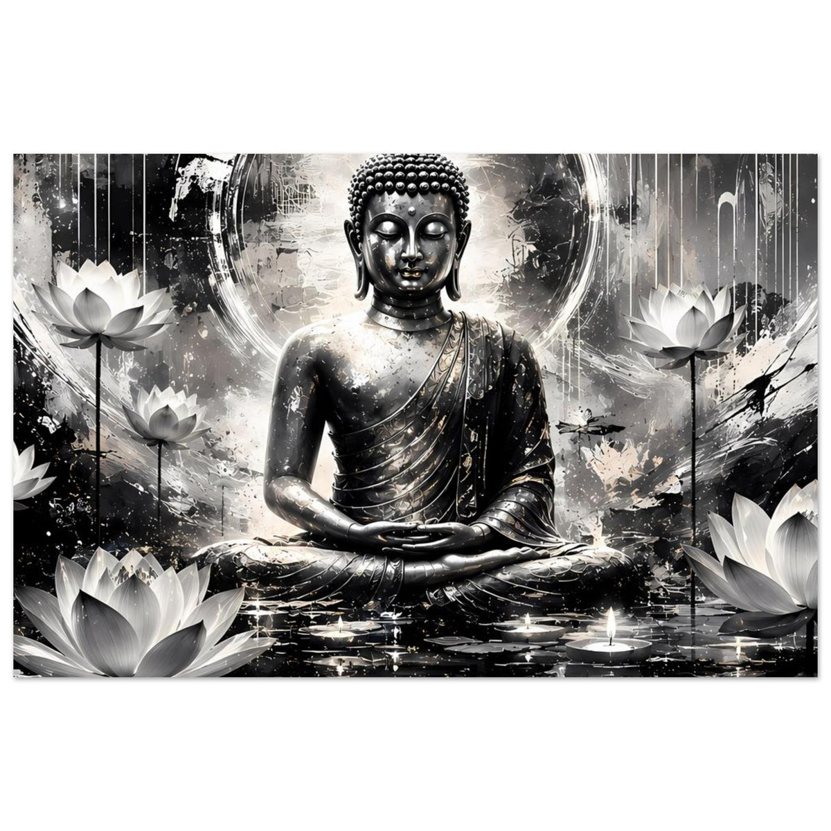 Kunstposter im Querformat mit sitzendem Buddha, Schwarz-Weiß, Lotusblüten links und rechts