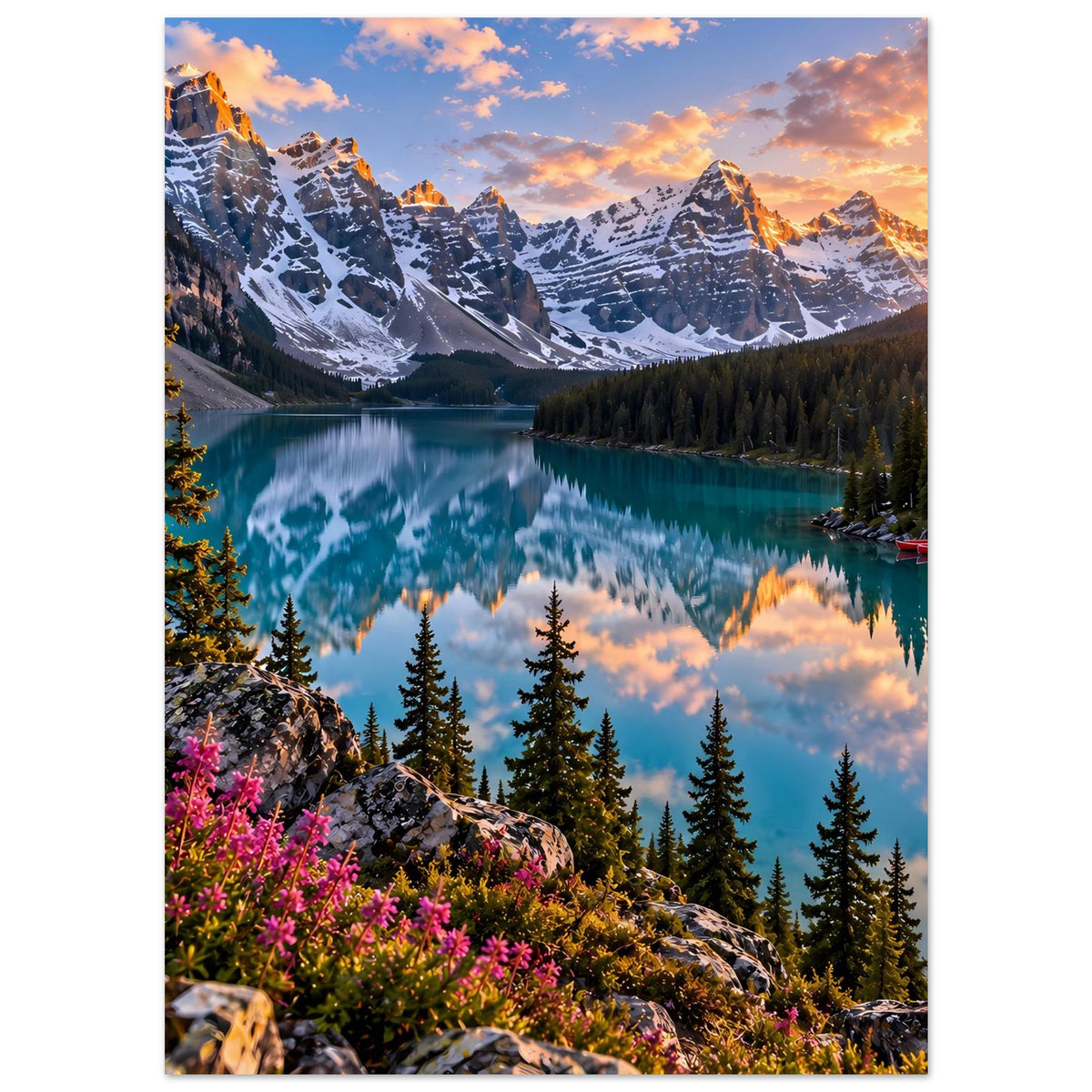 Bergsee-Poster im Hochformat mit türkisblauem Wasser, felsigem Ufer und rosafarbenen Blumen